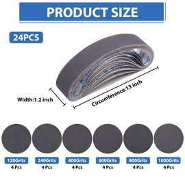 Taokyid 24 Pcs 1.2 x 13 Inch Replacement Knife Sharpener Sanding Belt, 330x30mm Silicon Carbide Sanding Belt - 3 Pcs Each of 120 240 400 600 800 1000 Grits 1.2"x 13" Sanding Belts