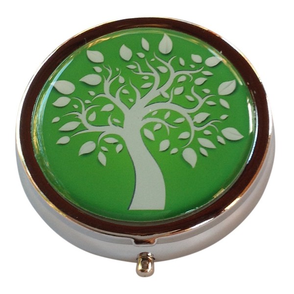 Tree of Life Round Silver Three Section Pocket Purse Travel Pill Box Case