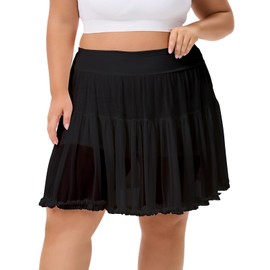 Women's Plus Size High Waisted Ruffle Tennis Skirt Flowy Tulle Tiered Golf Skirts Athletic Skorts with Shorts Pockets Black