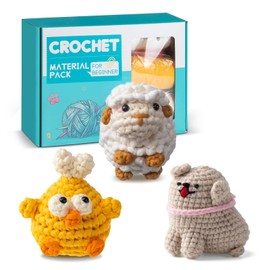 Creachet Crochet Kit for Beginners – 3 Pack Cute DIY Starter Kits for Adults Teens, Creative Christmas Gift, with Step-by-Step Video Tutorials, Farm Animal Patterns-Dog, Chicken, and Lamb