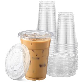 TashiBox TashiBox Plastic Cups with Flat Lids 100 Sets 16 oz, Clear Crystal drink cups with lids