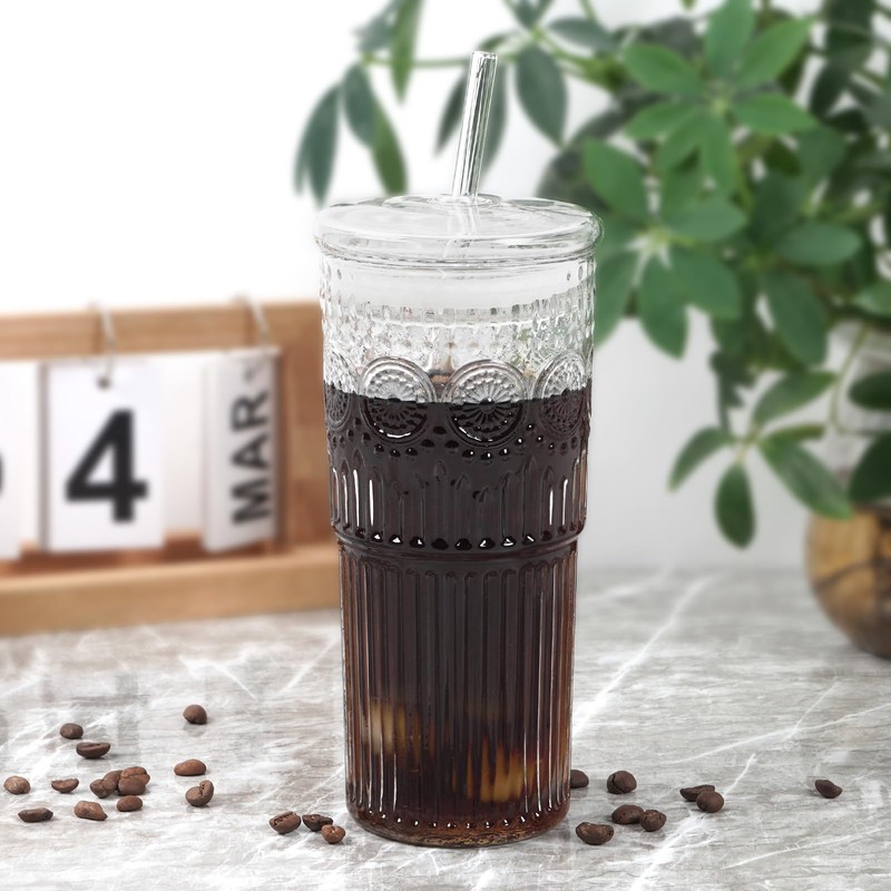 Bandesun All Glass Iced Coffee Cup With Lids and Straws，24