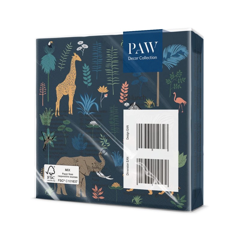 Paw Lunch Napkin Pack of 20, Exotic Animals, 33 x