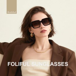 Foliful Oversized Square Sunglasses for Women, Black Classic Square Sunglasses for Women, Ladies Big Sun Glasses for Vacation Driving Beach, Black/Grey