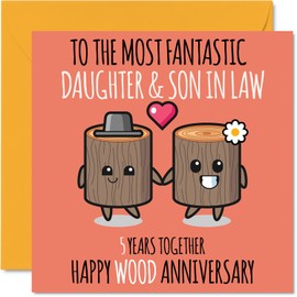 Cute Wooden Anniversary Card for Daughter & Son In Law - 5 Years Together - Happy 5th Wedding Anniversary Cards for Son In Law Daughter, 5.7 x 5.7 Inch Greeting Cards for Fifth Anniversaries