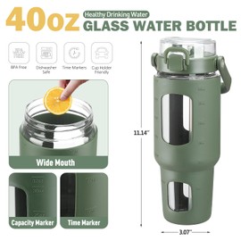 BLUEGO 40 oz Glass Water Bottles with Straw Time Marker, Glass Tumbler with Handle Top Lids, Easy to Clean, Fits in Car Cup Holder, Leakproof Jug for Gym, Sports, Workout & Daily, 02 Olive