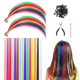 60 Stück Bunte Haarverlängerungs Set, 50cm Kunst haare Extensions Haarsträhnen Kinder, 15 Farben Haarschmuck Bunte Haarsträhnen Kinder, Haarteil Zange Häkchen mit 100 Perlen Ponytail Braids Clip