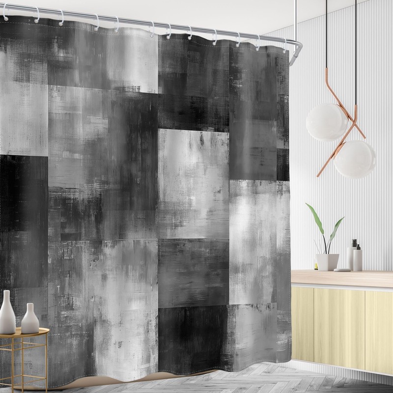 AMBZEK Grey Patchwork Shower Curtain - Modern Black and White