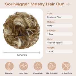 Soulwigger Messy Bun Hair Piece Wavy Curly Scrunchies Fluffy Donut Thick Updo Elegant Chignon Hairpieces for Women Girls, Ginger Brown Mix Bleach Blonde 1.4oz