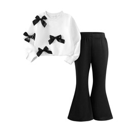Ecolala Girls 2 Piece Outfits Long Sleeve Crew Neck Bow Sweatshirt Top and Flare Pants Set White Black 7-8Y