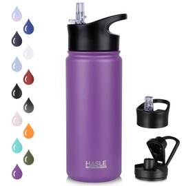 HASLE OUTFITTERS - Botella de agua aislada para niños, de 16 onzas, doble pared, al aspiradora, de acero inoxidable, a prueba de fugas, para la escuela, boca ancha, con tapa de popote y tapa de