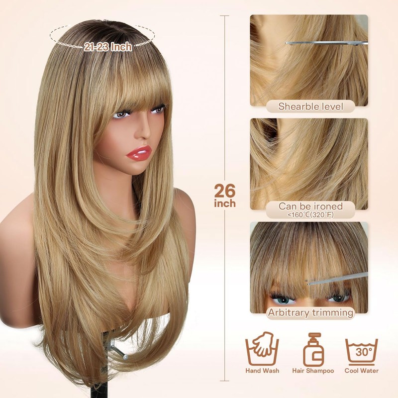 Sangtok Long Ombre Blonde Layered Wig with Bangs for Women,
