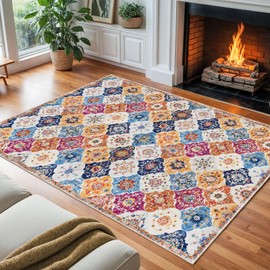 KILOCOCO 8x10 Area Rug, Moroccan Super Soft Washable Living Room Vintage Rug, Non-Slip Large Print Faux Wool Indoor Rug for Playroom Bedroom Office Carpet, Colorful