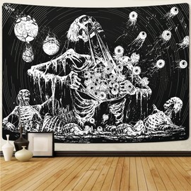 Yrendenge Skull Tapestry Eyes Wall Towel Human Skeleton Wall Hanging, Black White Tapestries Aesthetic, Hippie Gothic Tapestry for Bedroom, Home Decor Wall Towels 150 x 130 cm