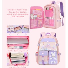 School Backpack for Girls, Lightweight Waterproof Cute Bunny School Bookbag for Teen Kids Students Elementary (Pink)