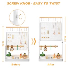 IOAIANIA Jewelry Organizer Stand, Liftable Necklace Holder with Earring Organizer Net, 9 Hooks Necklaces Storage Wooden Handing Bar for Bracelets Watches Rings (White)