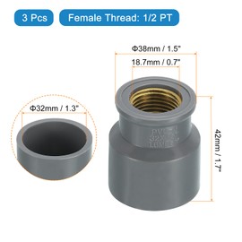 sourcing map 3 Pcs PVC Pipe Fittings, 32mm 1/2 PT Female Brass Threaded Pipe Coupling Pipe Fitting Hose Adapter Connector for Home Sewer Plumbing Irrigation, Grey