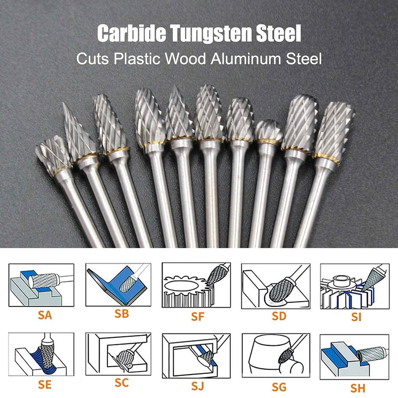 Handook Tungsten Carbide Double Cut Burr Set, with 1/8" Shank