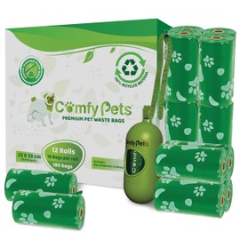 Comfy Pets Poo Bags with Dispenser and Refill Rolls, Guaranteed Leak Proof, Extra Thick Waste Bag for Dogs and Cats 12 Rolls of 15 Bags 180 Count