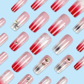 QQPPOLIU Long Press on Nails Square Fake Nails Nude To Red False Nails with Rhinestones Design Full Cover Nails 24pcs