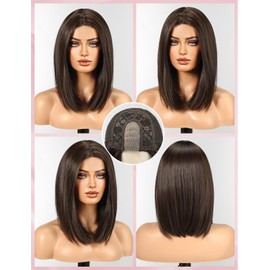 WOKESTAR Bob Wigs for Women Middle Part Bob Style Heat Resistant Fibre Synthetic Heat Resistant Wigs Dark Brown with Highlight Color