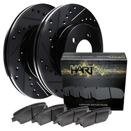 Hart Brakes Front Brake Rotors Black Drilled Slotted Ceramic Pads Compatible For 2007-2014 Nissan Cube, Versa