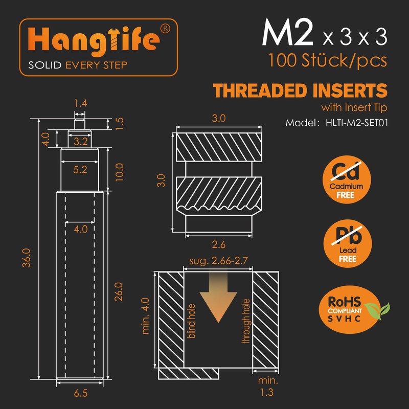 HANGLIFE M2 Heat-Set Threaded Inserts with Insert Tip, Heat Set