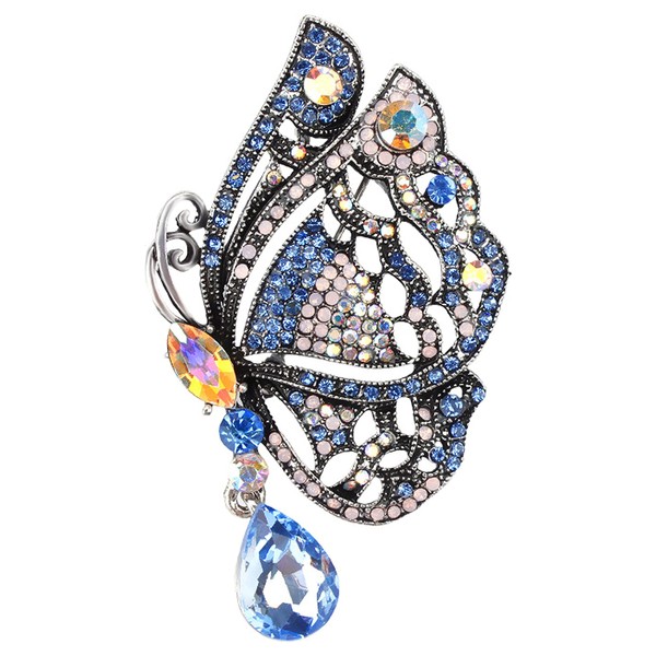 Gyn&Joy Silvery Tone Butterfly Brooch Pin Necklace with Iridescent Blue