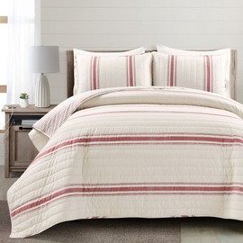 Lush Decor Farmhouse Stripe Reversible Cotton 3 Piece Quilt Set, Full/Queen, Red