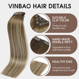 VINBAO Remy Clip in Hair Extensions Real Human Hair, 16inch 140g 7Pcs, 4/27/4 Balayage Chocolate Brown to Caramel Blonde, Hair Extensions Clip in for Women (#HC4274,16'')