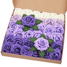 BLEUM CADE 36Pcs Artificial Flowers Fake Roses with Stems, Gradient Purple Boxed Foam Roses for DIY Bouquets Centerpieces Wedding Party Arrangement Bridal Shower Decor