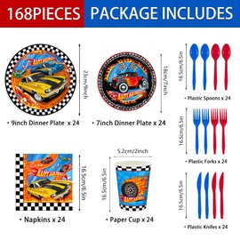 JVORFDG 168pcs Race Car Plates Napkins Hot Car Birthday Party Decorations Disposable Parper Cups Blue Forks Tableware Set Party Supplies for Kids Boys Birthday Decor 24 Guests