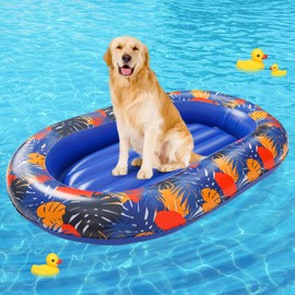 BEAUTYZOO Inflatable Dog Pool Float for Large Dogs, Foldable Summer Swim Raft for Pool, Lake, River Beach- Heavy-Duty Tear/Scratch Proof-up to 150Lbs Dogs Floatie Boat Hawaiian Ride-On Design