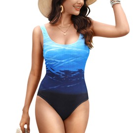 MEILONGER Women Swimsuits Ladies One-Piece Racerback Monokini Athletic Training Swimwear Modest Bathing Suit Back Cross Strap Costume(11277Gradient Blue,L)
