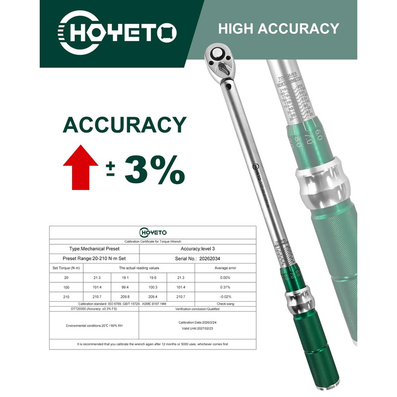 HOYETO 1/2" Drive Click Torque Wrench, 14.75-154.8 ft.lb / 20-210