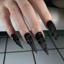 French Tip False Nails – 24Pcs Black Acrylic Press On Nails, Long Stiletto with 3D Snake Design, Easy Application for Women, Perfect for Parties & Events