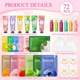 LFENYIGI 72 piezas de regalos a granel para mujeres, mascarillas faciales a granel, bálsamos labiales, cremas de manos y parches para el contorno de ojos, artículos para fiestas de spa, recuerdos para