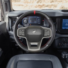 Hand-Sewing Steering Wheel Wrap Cover Black Perforated Leather/Matte Black Carbon Fiber Wrap Interior Protection Accessories for Ford Bronco 2022 2023 2024