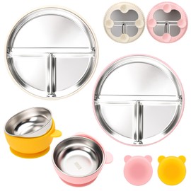 MISSLILI Stainless Steel Kids Plates and Bowls with Suction, Divided Baby Plate and Toddler Bowl with Removable Silicone Suction, Non-Slip Baby Feeding Set Dishwasher Safe, 4 Packs