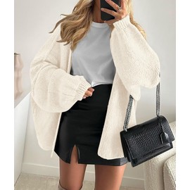 PRETTYGARDEN Womens Oversized Cardigan Sweaters 2025 Fall Long Lantern Sleeve Knit Open Front Lightweight Sweater (White,Small)