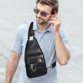 A-QMZL Sling Bags Mens Shoulder Bag Crossbody Bags Chest Bag PU Leather Waterproof Man Bags Women Travel Sling Bag Casual Backpack for Hiking,Cycling,Traveling（Black）