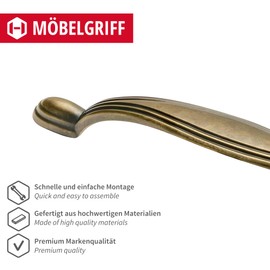 Gedotec Furniture Handle Made of Metal, 1 Piece, Handles for Kitchen Cabinets Including Mounting Material, PRAG, Furniture Handles, Antique Brass with BA 96 mm, Door Handles for Cupboards, Cupboard