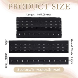 BENECREAT 3.28Yard 3 Colors Three Row Hook and Eye Tape Trim, Polyester 2" Wide Corset Bra Extender for Bridal Costumes Corset Bra Sewing Craft, Black, White, Moccasin, 1.1Yard/Color
