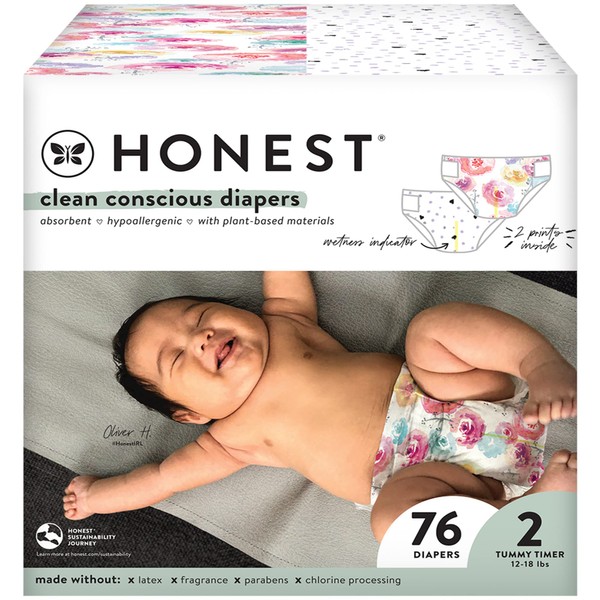 The Honest Company Clean Conscious Diapers | Plant-Based, Sustainable | Young At Heart + Rose Blossom | Club Box, Size 2 (12-18 lbs), 76 Count