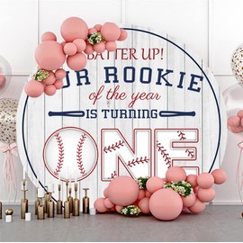 Laeacco Baseball 1st Birthday Polyester Round Backdrop, 7FT, Rustic Wood, Reusable, for Boys Birthday Party Decoration, Tablecloth, Photo Shoot