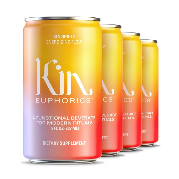 Kin Spritz by Kin Euphorics, Non Alcoholic Spirits, Ready to Drink, Adaptogen, Nootropic, Botanical, Fresh Citrus, Hibiscus, Caffeine, Rhodiola Rosea, Awaken the Mind, Uplift the Mood, 8 Fl Oz (4pk)