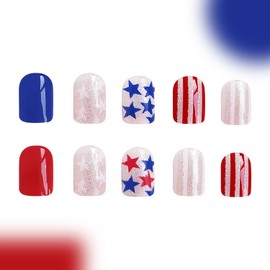 July 4 Press on Nails Short Square Stripe False Nails Artificial Acrylic Nails Pentagram Glitter Powder Design Holiday Nails Full Cover Glossy Coffin Nails Glue on Nails for Women Independence Day
