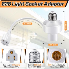 Enhon 2 Pcs 3 in 1 Light Socket Outlet Adapter, E26 Light Socket to Plug Adapter with Extension Cord, 3 Prong Bulb Outlet Converter for Indoor Outdoor Garage, Porch, Patio, CCTV Camera, LED Strip
