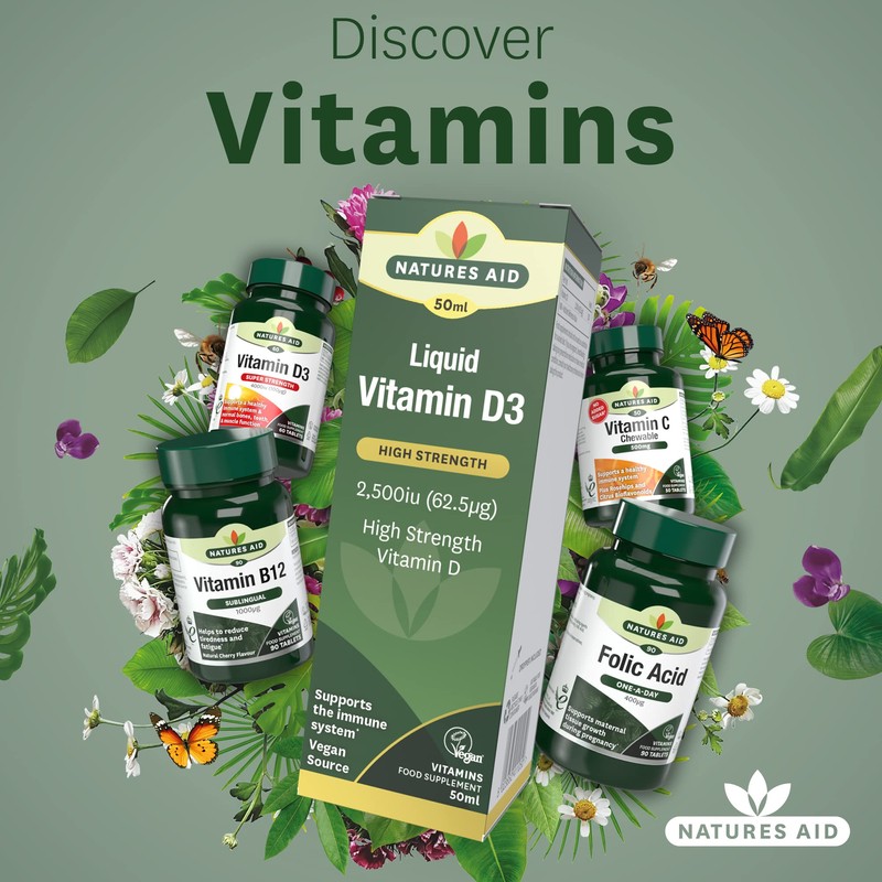 Natures Aid Vegan Vitamin D3/Cholecalciferol Liquid, 2500iu, Dropper Included, 50