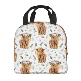 Highland Cow Lunch Box Farmhouse Cow Insulated Lunch Bag for Kids Women Men Reusable Cooler Rustic Country Lunch Tote Bag with Front Pocket for Girls Boys Students School Office Picnic Travel